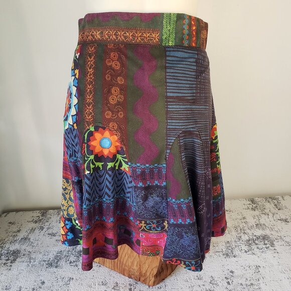 Desigual Spain Funky Patchwork Boho Bright Colourful Skirt w Flowers + Stripes - Picture 4 of 12